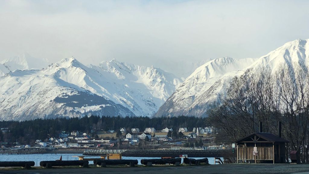 Snow-covered mountains behind Haines, Alaska 