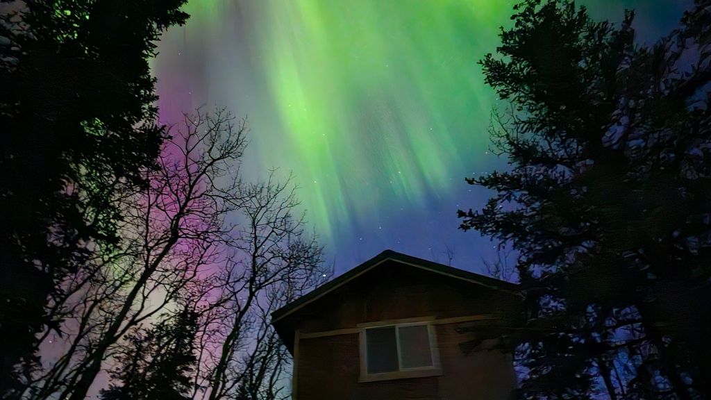 Aurora Borealis behind Alaska Cabin